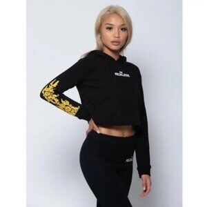 Young & Reckless Womens Cropped Hoodie Sweatshirt Black & Yellow
